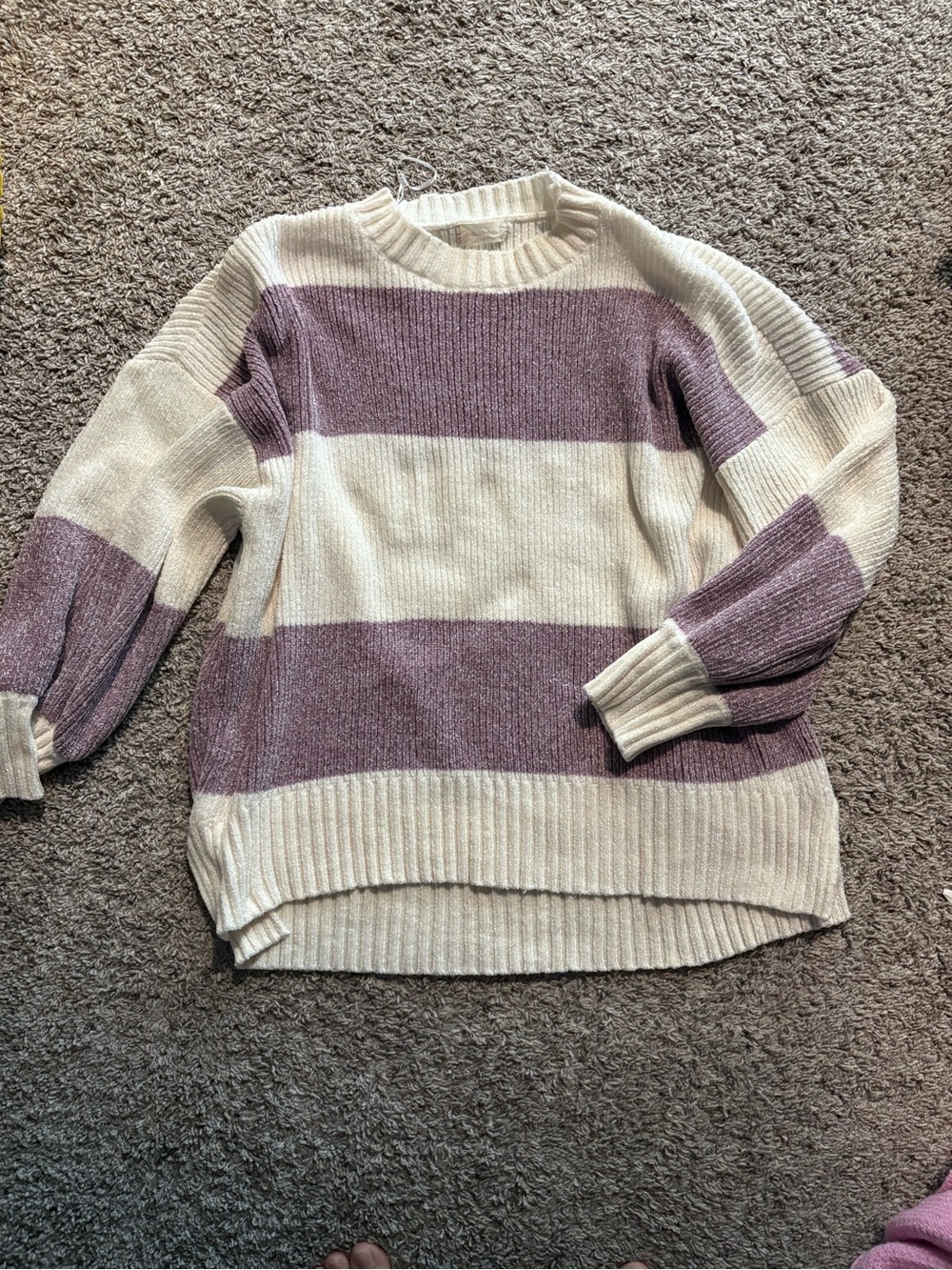 Altar'd State Cream and Lavender-Striped Crewneck Sweater